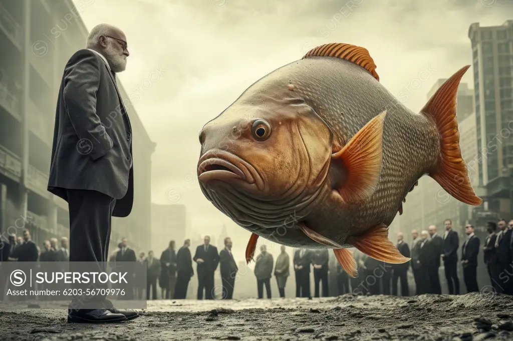 Surreal image of a man and fish in the city symbolizing the realm of dreamlike perception.