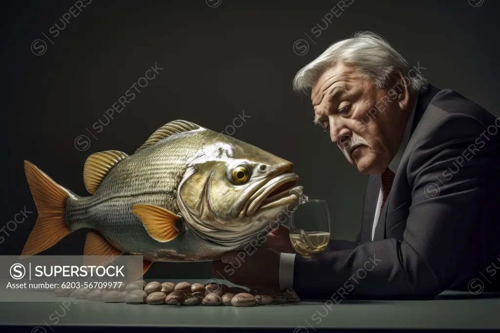 Surreal image of a man and fish symbolizing the realm of dreamlike perception.