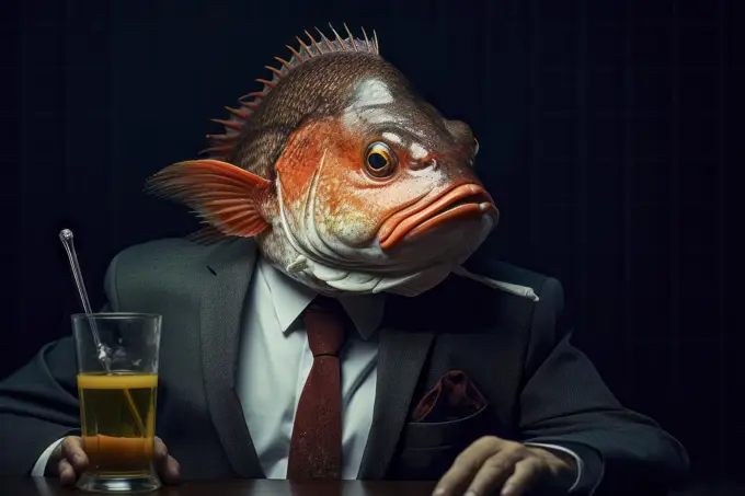 Striking image of a man with a fish head showcasing the unconventional and surreal