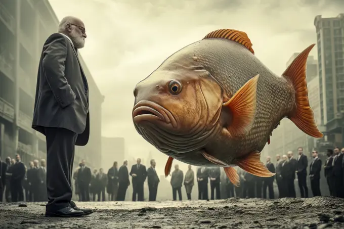 Surreal image of a man and fish in the city symbolizing the realm of dreamlike perception.