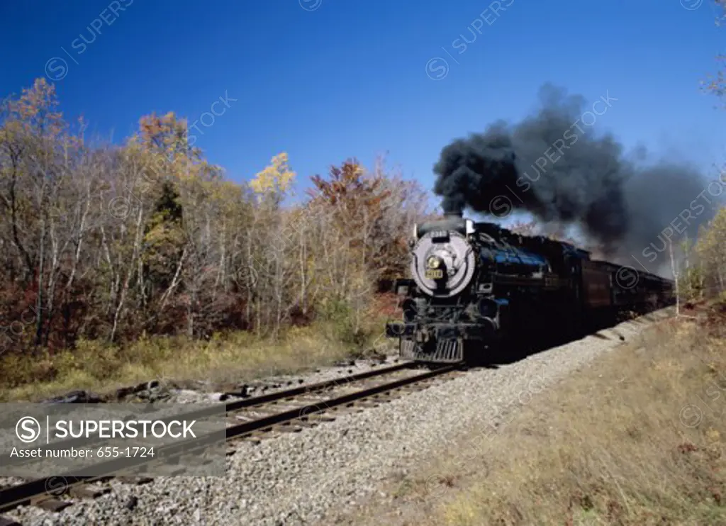 Steam train moving on railroad tracks, Tobyhanna, Pennsylvania, USA