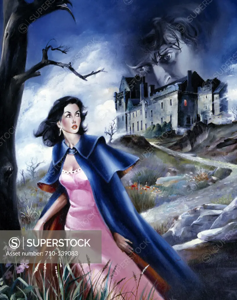 Terrified woman with a castle in the background