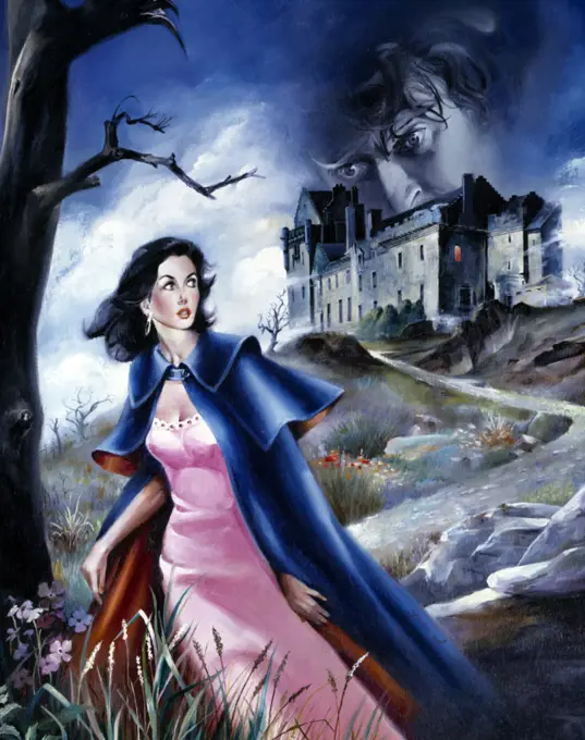 Terrified woman with a castle in the background