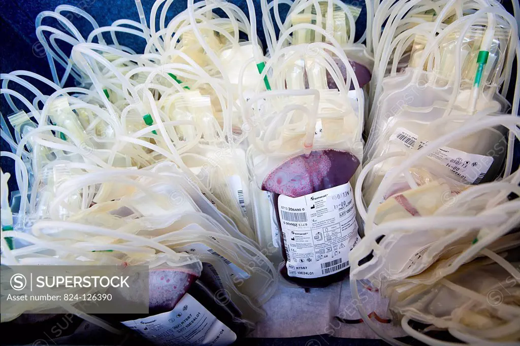 Reportage in a mobile blood donation unit run by EFS (the French Blood Establishment) in Puteaux, France. A team of nurses collect blood.