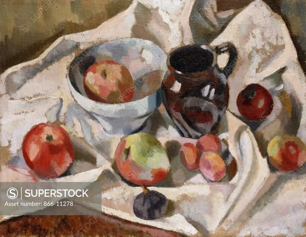 Still Life with Apples, Plums and a Jug. Roger Fry (1866-1934). Oil on canvas. Dated 1919. 35.5 x 45.8cm