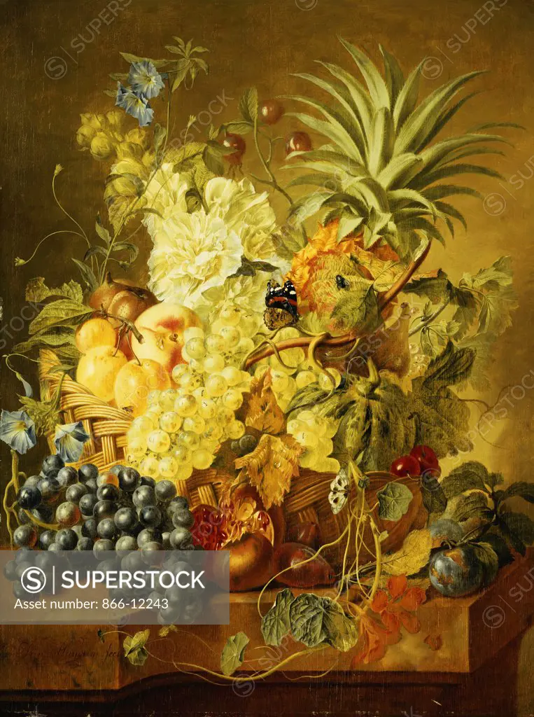 Plums, a Peach, Grapes, a Melon, a Pineapple, a Fig, Currants, Cherries and Flowers in a Basket, and Grapes, a Pomegranate, Plums and a Fig, with Butterflies on a Stone Ledge. Circle of Jan Van Huysum (1682-1749). Oil on panel. 78.1 x 53.3cm.