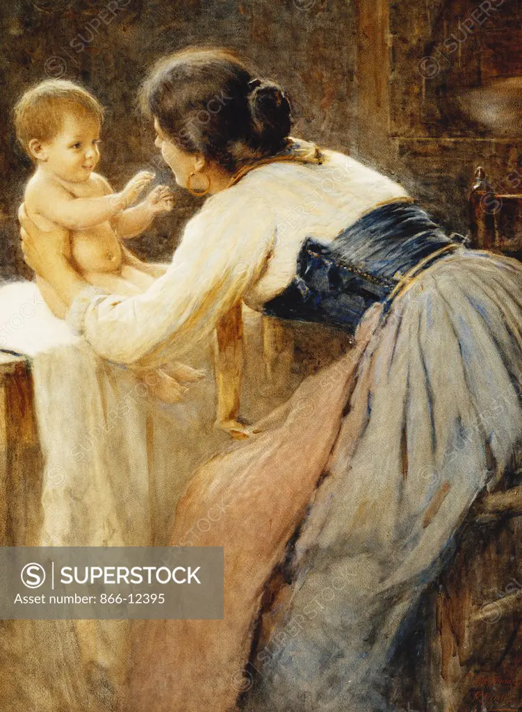 Motherly Love. Publio de Tommasi (1849-1914). Watercolour on paper. 86.2 x 64.8cm