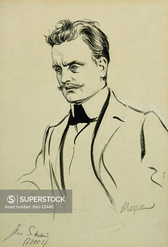 Portrait of the Composer Jean Sibelius, small half-length. Albert Edelfelt (1854-1905). Pencil, black ink and watercolour heightened with white. 31 x 21.5cm