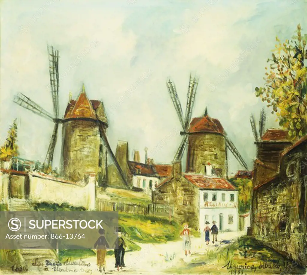 The Three Windmills of Montmartre; Les Trois Moulins de Montmartre. Maurice Utrillo (1883-1955) Oil on canvas. Painted in 1933. 48.26 x 55.88 cm.