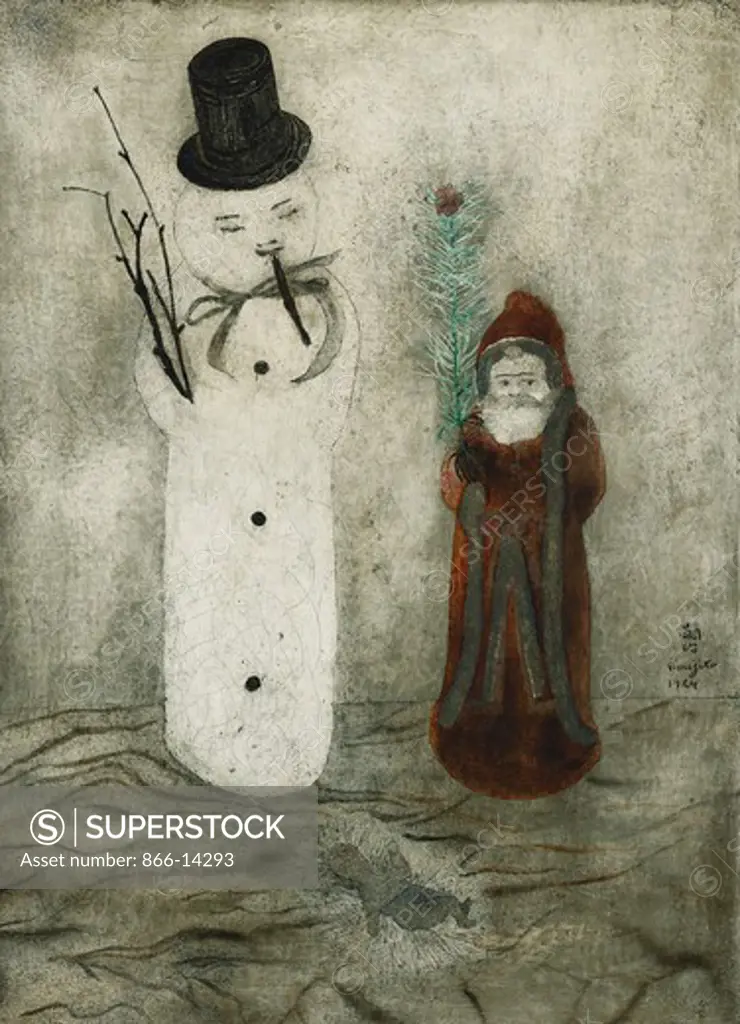 Father Christmas and the Snowman; Le Pere Noel et le Bonhomme de Neige. Tsugouharu Leonard Foujita (1886-1968). Oil on canvas. Signed and dated 1924. 33 x 24cm.