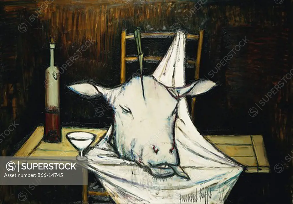 Still Life with Cow's Head; Nature Morte a la Tete de Boeuf. Bernard Buffet (1928-1999). Oil on canvas. Painted in 1957. 115 x 166cm.