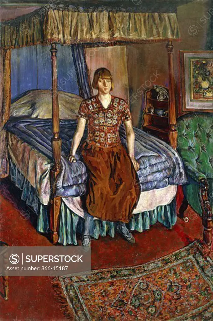 Portrait of Iris Tree. Seated on a Four Poster Bed. Alvaro Guevara (1894-1951). Oil on canvas. 71 3/4 x 47 3/4 in. 182.6 x 121.4 cm. Iris Tree (1897-1968), English Poet, actress and artist's model