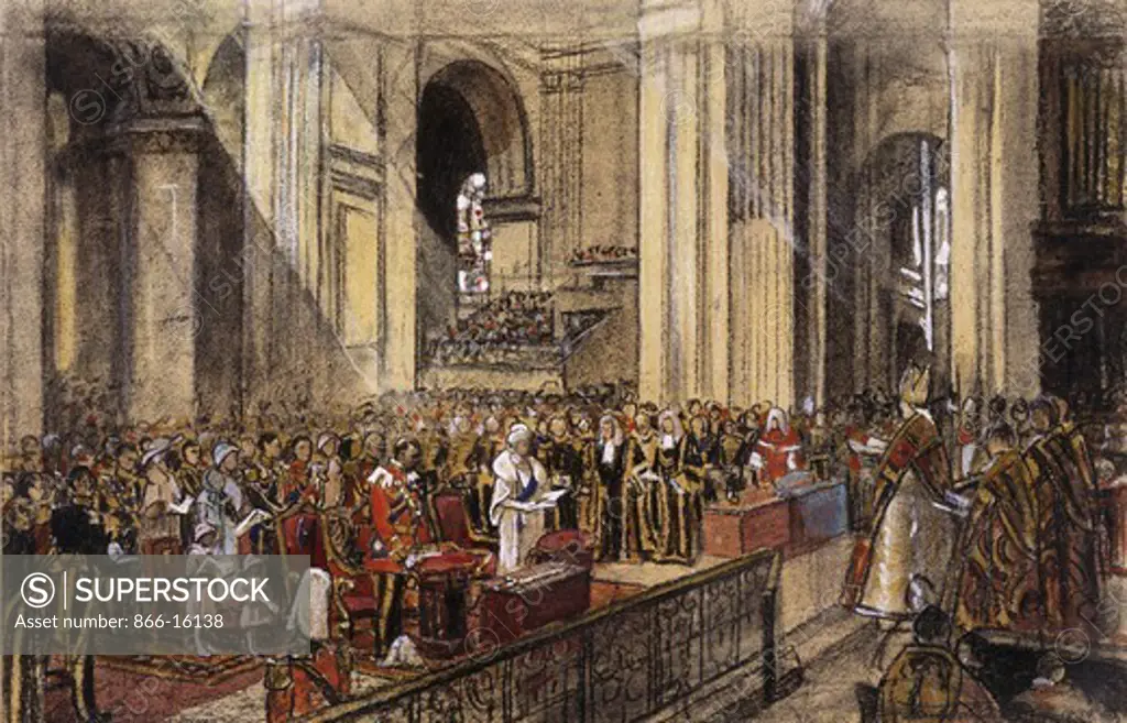 The Heart of the Empire'.  Frank O. Salisbury (1874-1962). Charcoal and watercolour on brown paper. Signed and dated 1935. 47 x 73.6cm. The work depicts the service of thanksgiving held in St. Paul's Cathedral to celebrate the Silver Jubilee of King George V.