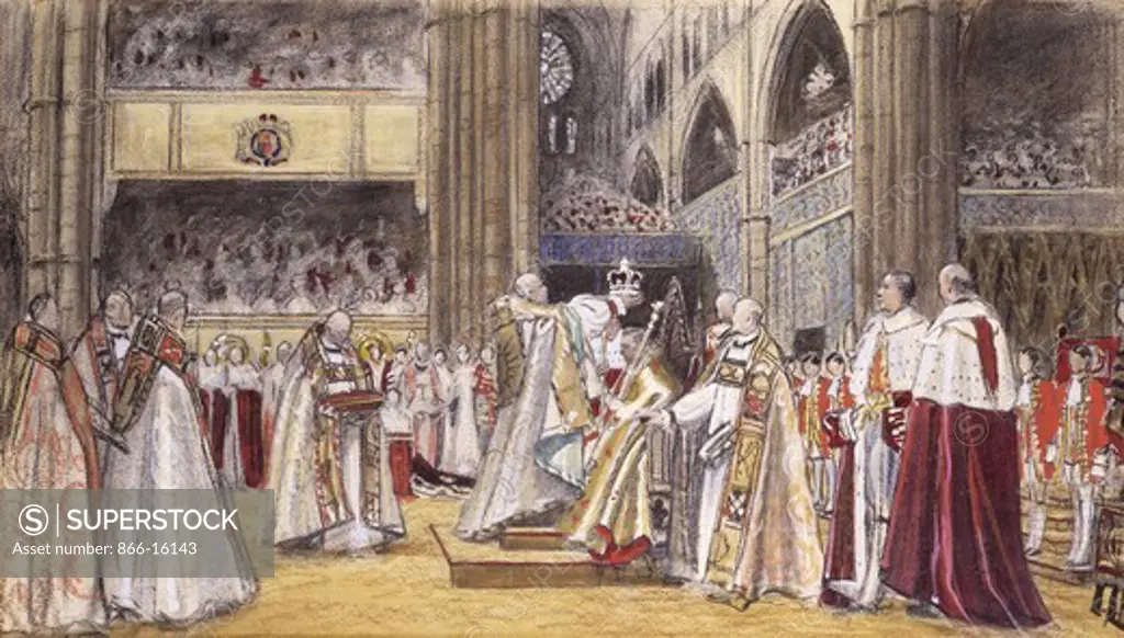 The Crowning of King George VI. Frank O. Salisbury (1874-1962). Charcoal, coloured chalk and watercolour on beige paper. 61 x 99cm