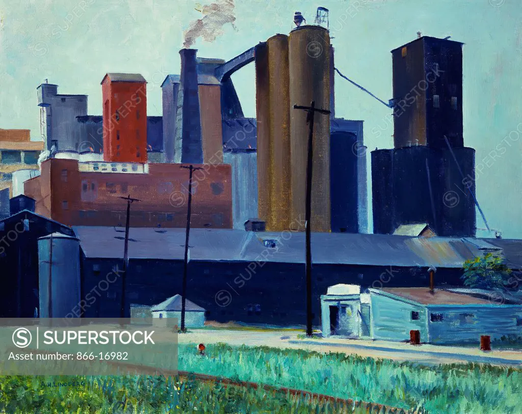 Spencer-Kellog Elevator, Buffalo Harbor. Oil on canvasboard. Arthur Harold Lindberg (1895-1977). Painted in 1948. 40.5 x 50.6cm.