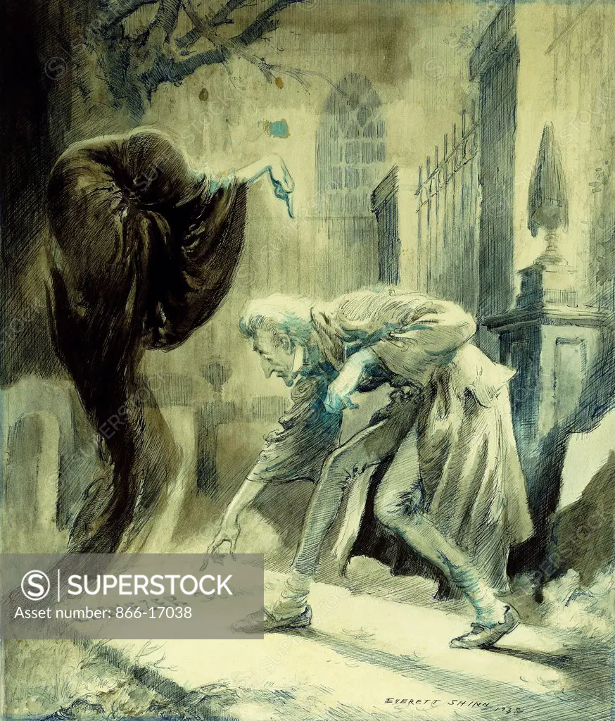 The Ghost of Christmas Yet to Come: Ebeneezer Scrooge. Everett Shinn (1876-1953). Pen and black and blue ink wash on board. Painted in 1938. 43.5 x 38.2cm.