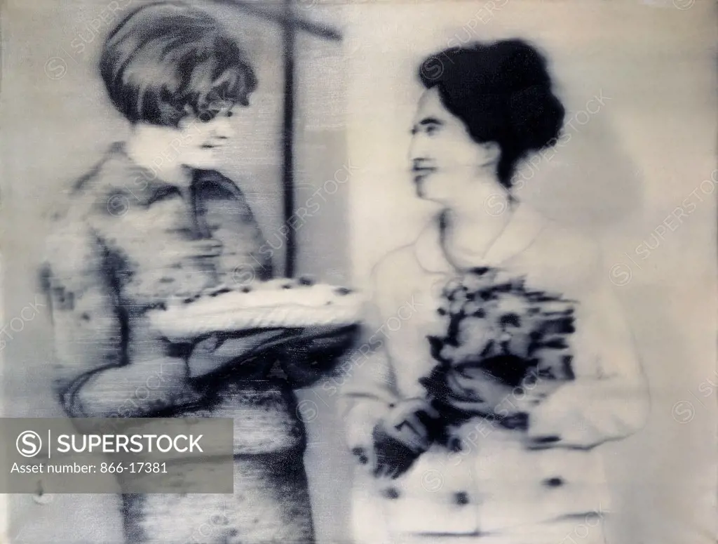 Two Women with a Cake; Zwei Frauen mit Torte. Gerhard Richter (b.1932). Oil on canvas. Painted in 1965. 76 x 100cm.