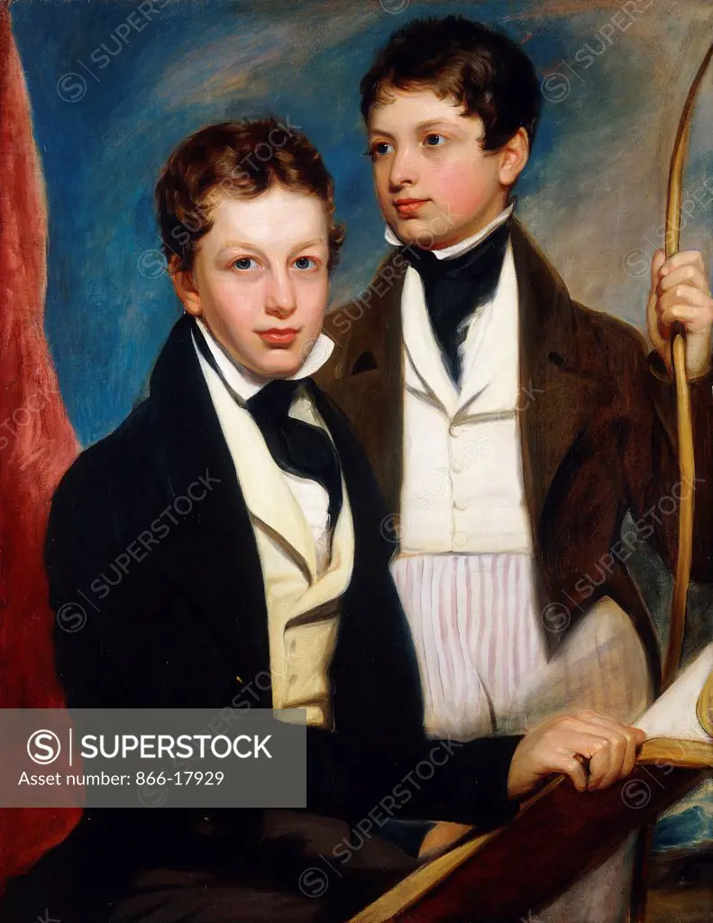 A Group Portrait of the Musgrave Morris Boys, one Seated half-length in a Dark Jacket, Holding a Book, the other standing three-quarter length in a Dark Jacket, Holding a Bow. English School. Oil on canvas. Dated circa 1830. 96.8 x 76.2cm. The Sitters are John Armine Morris (b.1813), later Sir John Morris, 3rd Bart, of Claremont & George Byng Morris (b.1816)