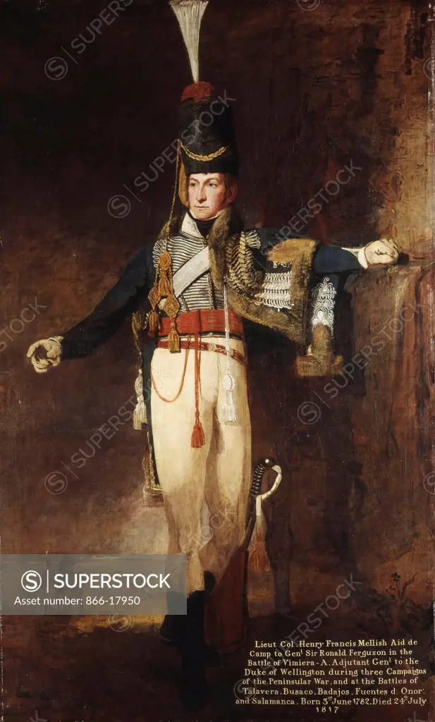 Portrait of Captain, later Lieutenent Colonel, Henry Francis Mellish (1782-1817), full-length, in Military Uniform, a Cavalry Officer with a Horse in a Landscape Beyond. Benjamin Marshall (1767-1835). Oil on canvas. 240 x 147.3cm.