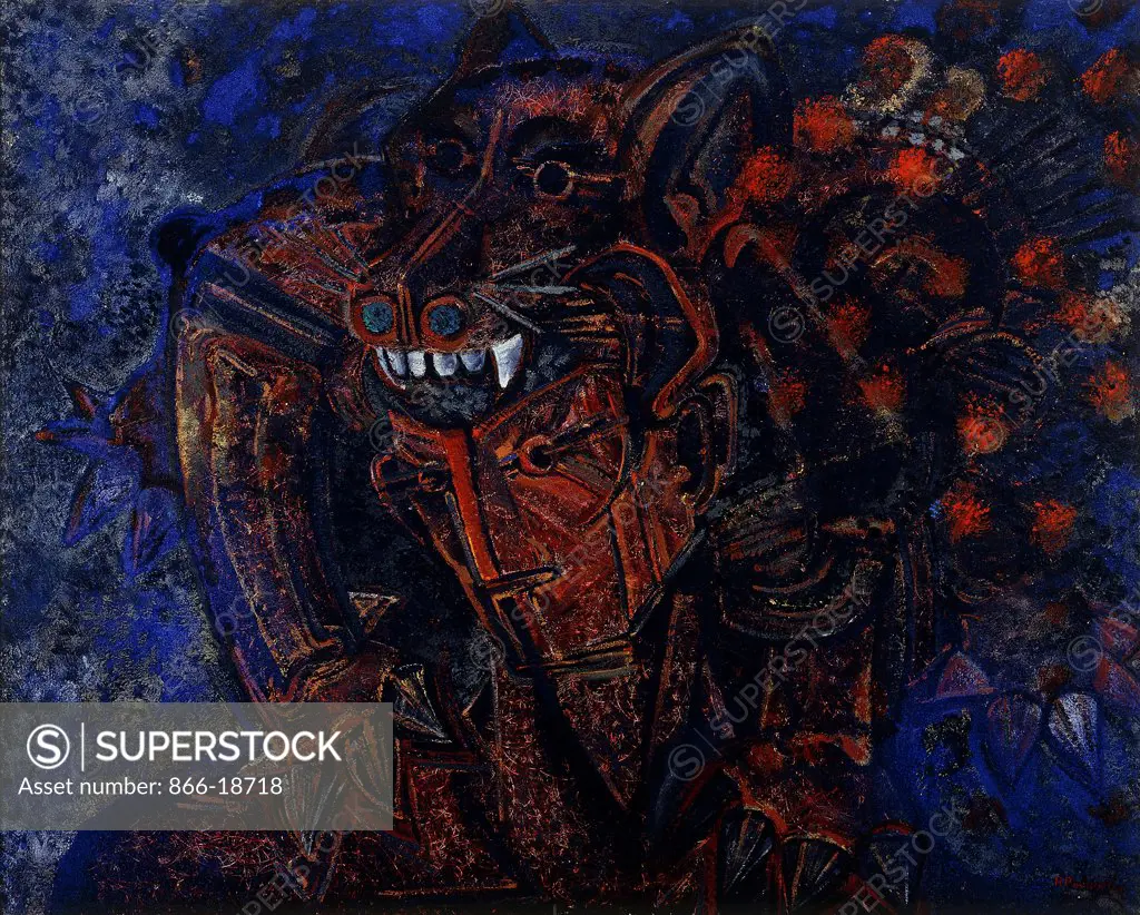 Guerrero; Warrior. Rodrigo Ramirez Pimentel (Born 1945). Oil on canvas. Signed and dated 1972. 80 x 100cm.