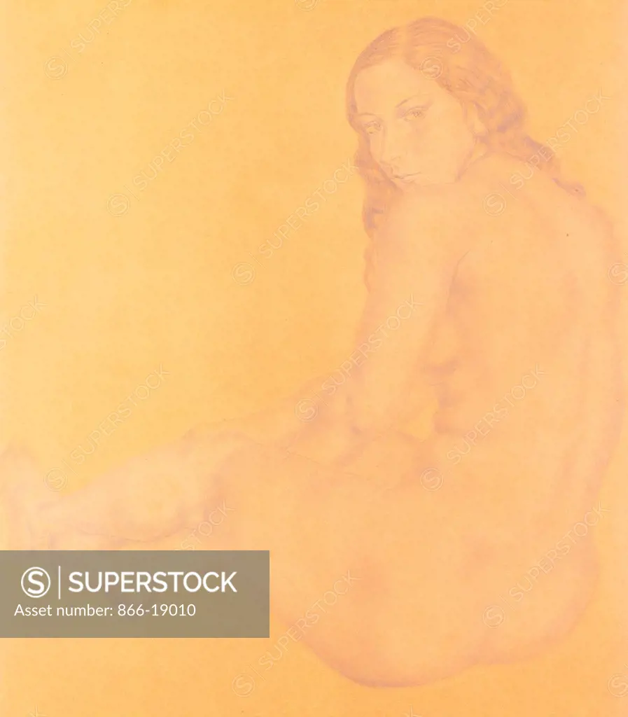 Nude Woman Sitting; Femme Nu Assise. Tsugouharu Leonard Foujita  (1886-1968). Watercolour heightened with white chalk over pen and black ink  on paper. Painted in 1931. 61.6 x 54.9cm. - SuperStock