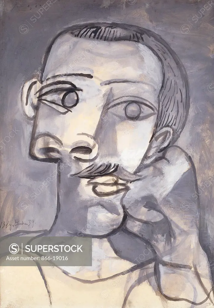 Head of a Man with a Moustache (Portrait of Professor Calmette); Tete d'Homme a la Moustache (Portrait du Professeur Calmette). Pablo Picasso (1881-1973). Gouache on paper. Painted in 1939. 64.1 x 45.7cm.