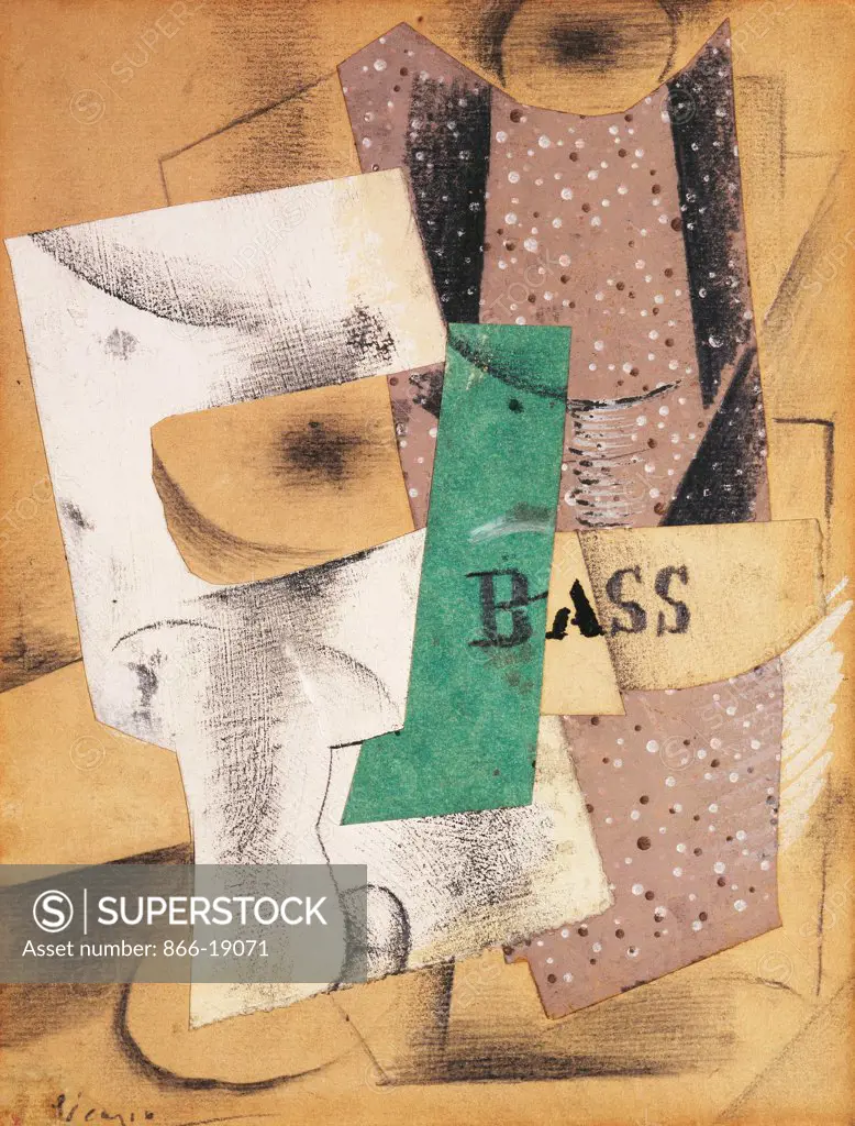 Glass and Bottle of Bass; Verre et Bouteillede Bass. Pablo Picasso (1881-1973).  Collage, gouache, India ink and pencil on paper. Executed in 1914. 24 x 19cm.