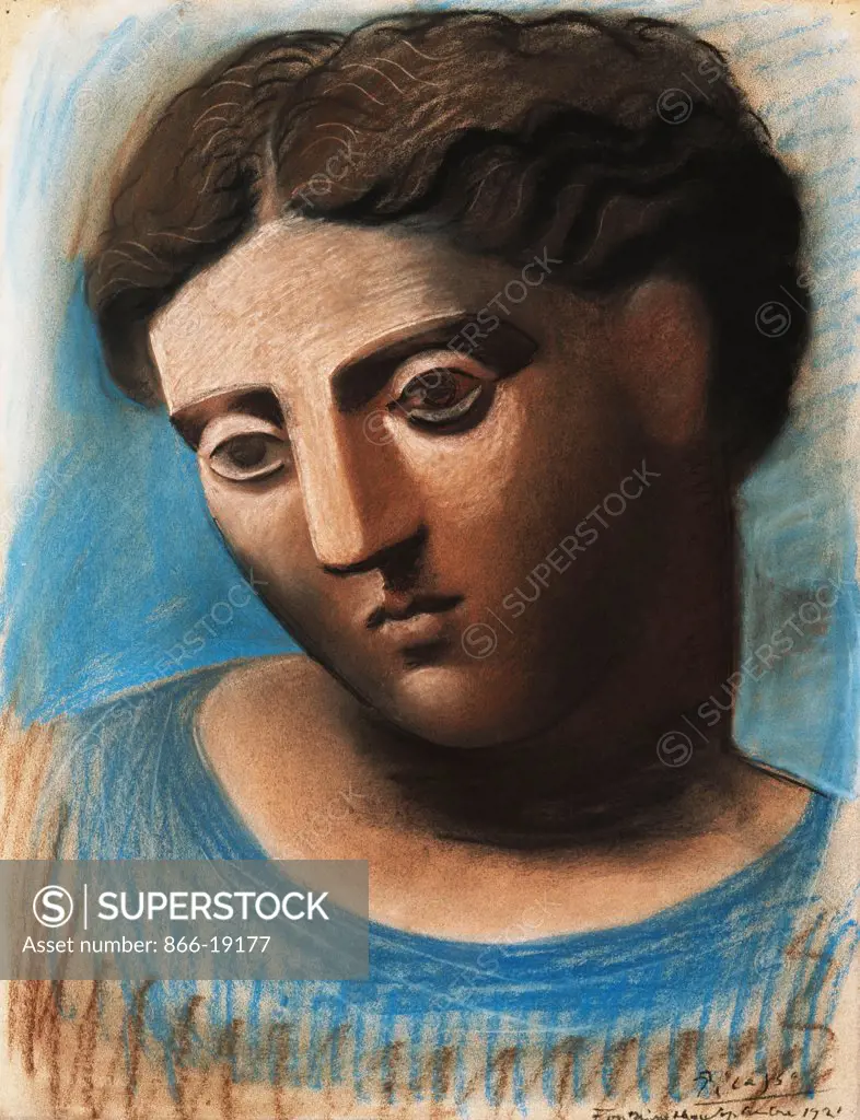 Head of a Woman; Tete de femme. Pablo Picasso (1881-1973). Pastel on paper  mounted at the edges to board. Signed and dated 1921. 64.8 x 50.5cm. -  SuperStock