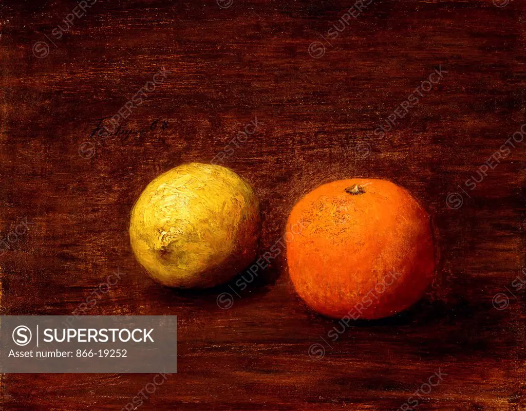 Still-life, Lemon and Orange; Nature Morte, Citron et Orange.  Henri Fantin-Latour (1836-1904). Oil on canvas. Painted in 1868. 12 x 20cm.