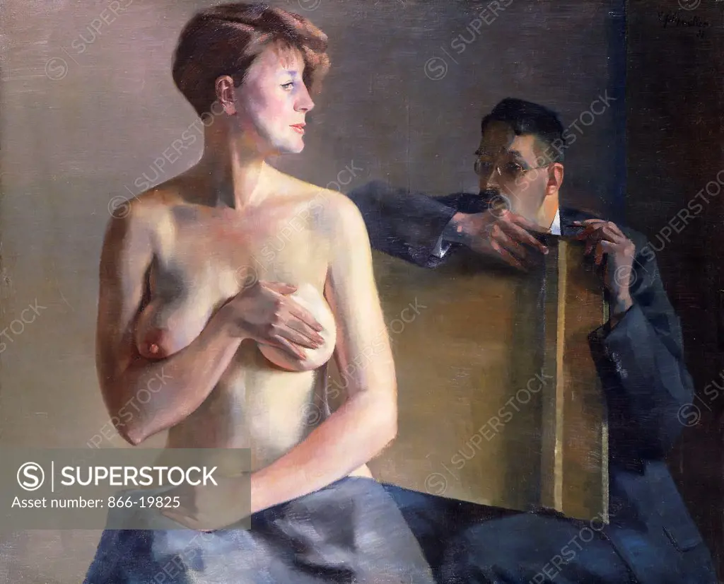 Nude and Artist; Akt und Zeichner. Conrad Felixmuller (1897-1977). Oil on  canvas. Painted in 1933. 90.5 x 110.5cm. The picture depicts Felixmuller in  his studio with his wife Londa serving as his model. - SuperStock