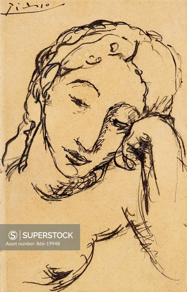 La Belle Fernande. Pablo Picasso (1881-1973). Pen and black ink on buff paper. Drawn Aug-Sept 1906. 18.5 x 12cm. Picasso met Fernande Olivier in Paris in 1904 and she soon became his muse and companion for the next six years.