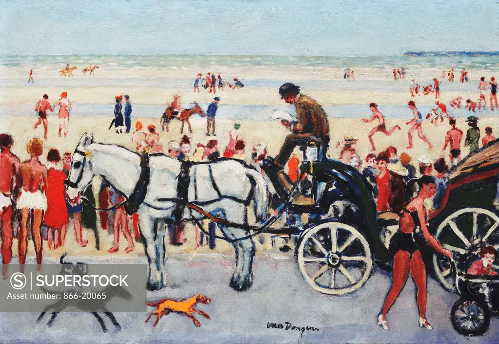 Beach Scene - Deauville; Scene de Plage - Deauville. Kees van Dongen (1877-1968). Oil on canvas. Painted circa 1925. 38 x 55.2cm.