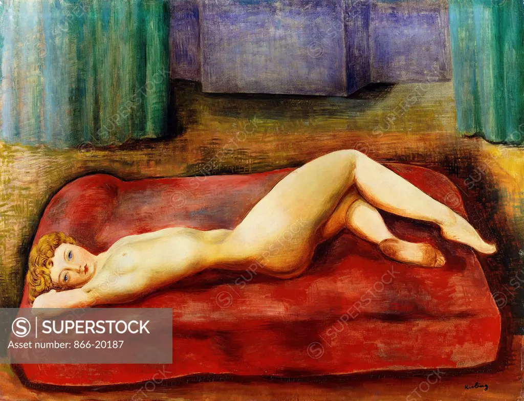 Nude on Red Bed; Nu au Lit Rouge. Moise Kisling (1891-1953). Oil on canvas.  Painted in 1937. 50 x 65cm. - SuperStock