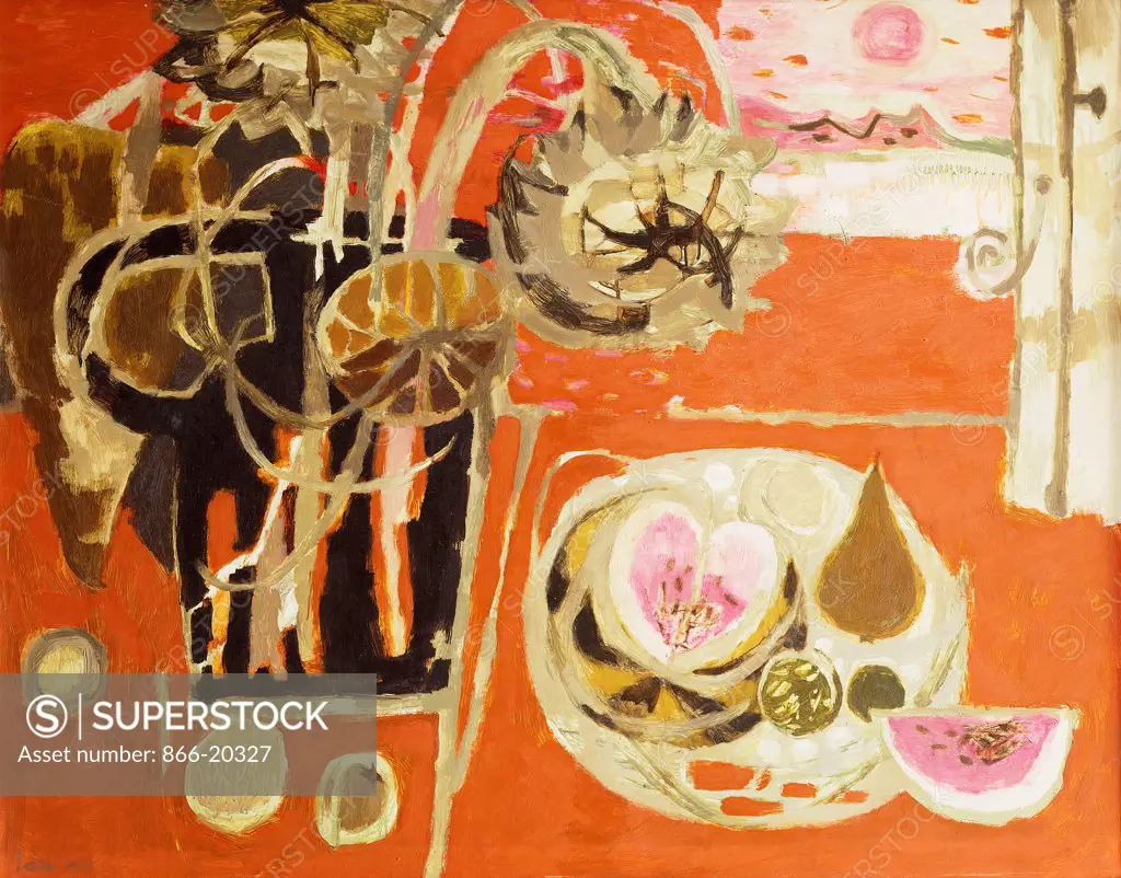 Still Life IV; On a Red Ground. Mary Fedden (1915-2012). Oil on board. Dated 1962. 90 x 114.5cm