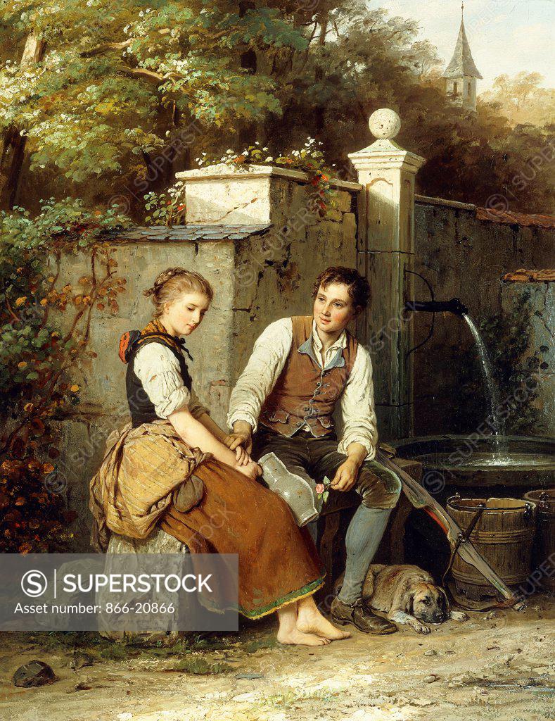 At the Well. Johann Georg Meyer von Bremen (1813-1886). Oil on canvas.  Painted in 1872. 66 x 53.3cm. - SuperStock