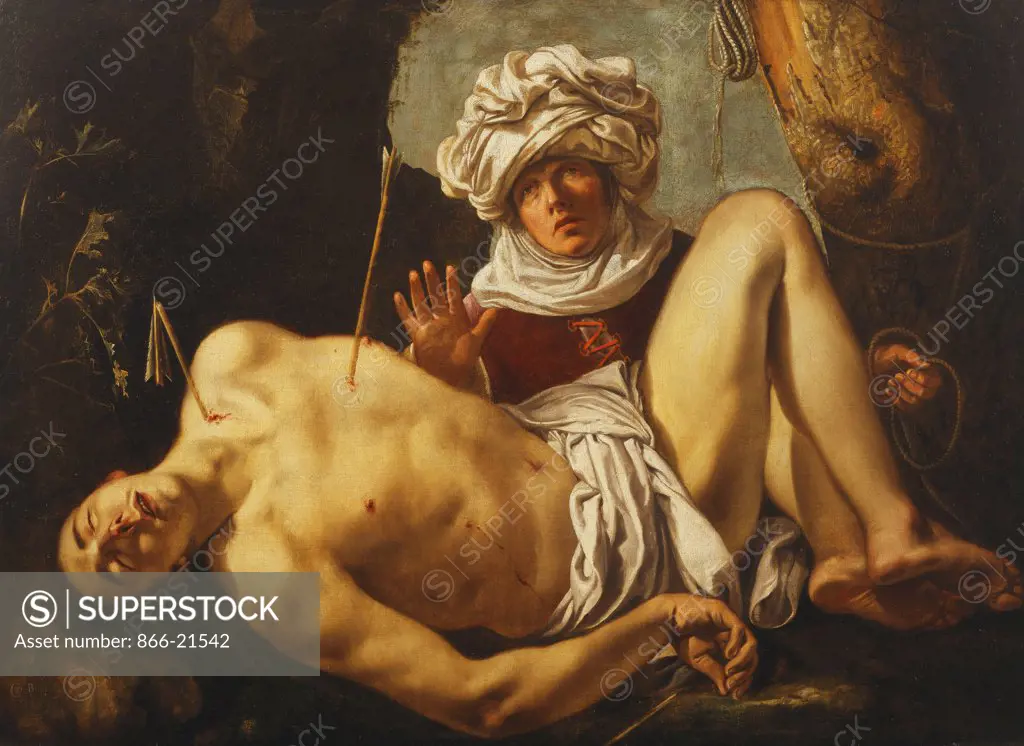 Saint Sebastian tended by Irene. Cornelius de Beer (active 1616-1643). Oil on canvas. Signed and dated 161-. 107 x 147cm.