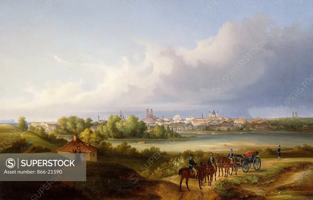 A View of Munich and the Isar River. Eugen Adam (1817-1880). Oil on canvas. Signed and dated 1838. 57.2 x 87.8cm.