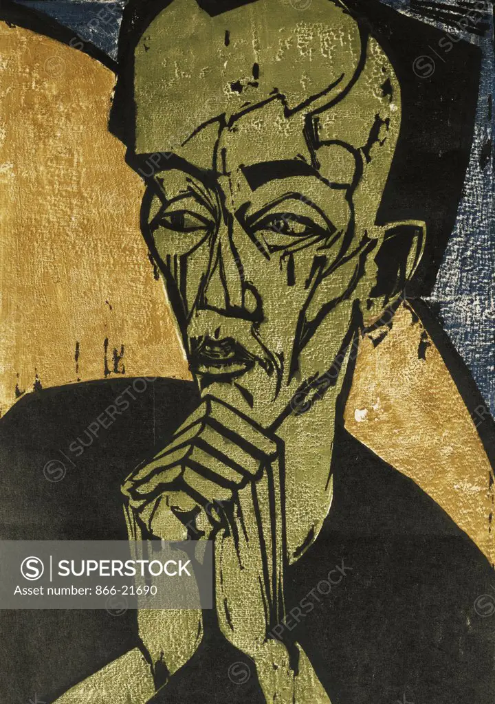 Portrait of a Man; Mannerbildnis. Erich Heckel (1883-1970). Woodcut printed in black, green, blue and brown. Dated 1919. 70 x 55.7cm.