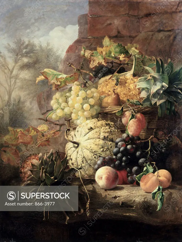 Basket of Grapes, Pineapple, Pears, & Plums on a Bough with Melon & Peaches Eloise Harriet Stannard (1829-1914/British) Christies, London 