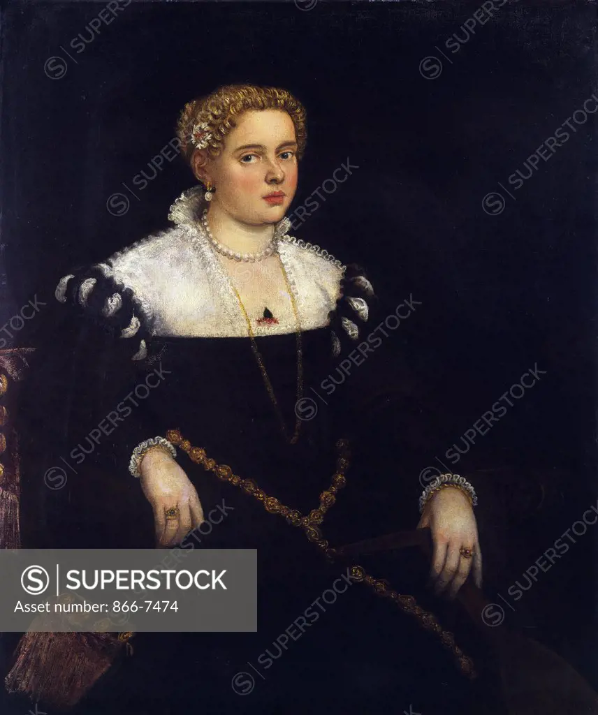 Portrait of a Lady, Three Quarter Length, in a Black Dress and a Lace Collar, and Wearing a Golden Chain Belt, Holding a Mandolin. Attr. to Jacopo Robusti, Il Tintoretto (1518-1594). Oil on canvas, 13 x 96.3cm.