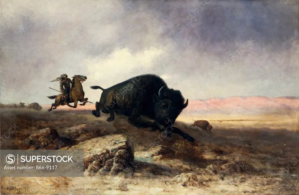 Buffalo Hunt.  Astley David Middleton Cooper (1856-1924). Oil on canvas. Signed and dated 1915. 204.5 x 309.9cm