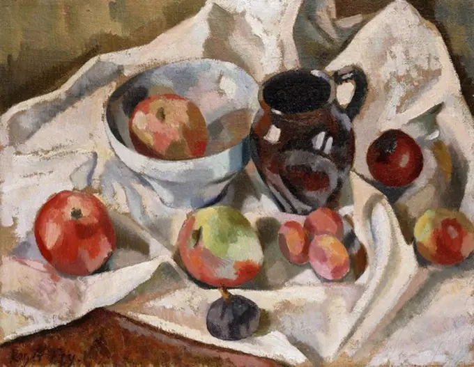 Still Life with Apples, Plums and a Jug. Roger Fry (1866-1934). Oil on canvas. Dated 1919. 35.5 x 45.8cm