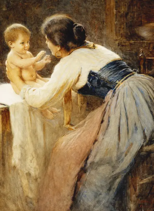 Motherly Love. Publio de Tommasi (1849-1914). Watercolour on paper. 86.2 x 64.8cm