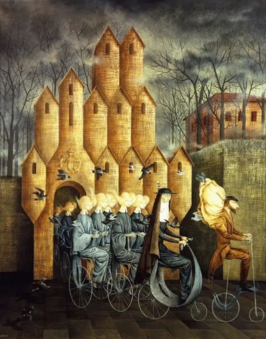 To the Tower; Hacia La Torre. Remedios Varo (1908-1963). Oil on masonite. Painted in 1961. 123 x 100cm.