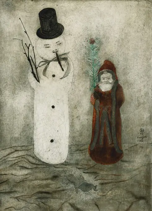 Father Christmas and the Snowman; Le Pere Noel et le Bonhomme de Neige. Tsugouharu Leonard Foujita (1886-1968). Oil on canvas. Signed and dated 1924. 33 x 24cm.