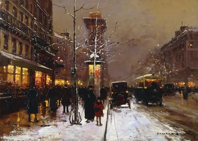 A Street Scene in Winter, Paris. Edouard-Leon Cortes (1882-1969). Oil on canvas. 33 x 46cm.