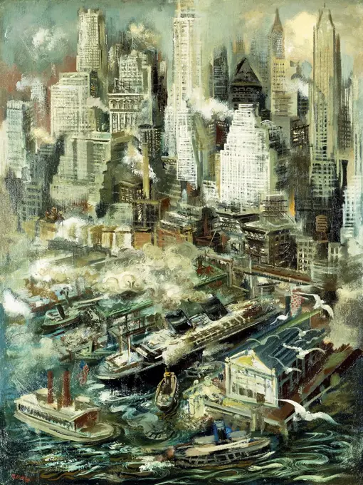 New York Harbor. George Grosz (1893-1959). Oil on board. 78 x 53.1cm.