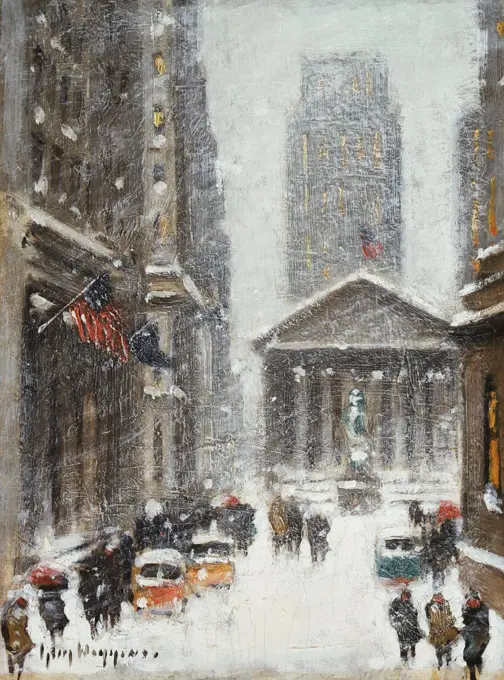 Broad Street and Subtreasury Building. Guy Carleton Wiggins (1883-1962). Oil on canvasboard. 30.5 x 22.5cm.