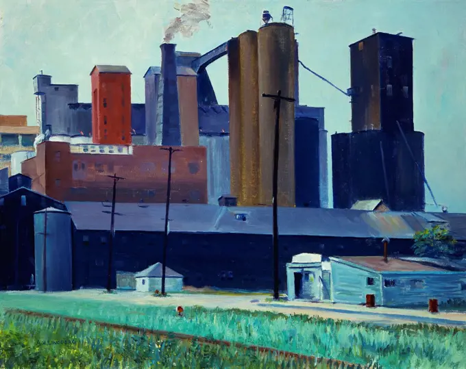 Spencer-Kellog Elevator, Buffalo Harbor. Oil on canvasboard. Arthur Harold Lindberg (1895-1977). Painted in 1948. 40.5 x 50.6cm.