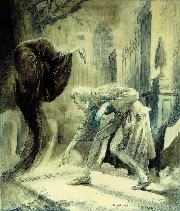 The Ghost of Christmas Yet to Come: Ebeneezer Scrooge. Everett Shinn (1876-1953). Pen and black and blue ink wash on board. Painted in 1938. 43.5 x 38.2cm.